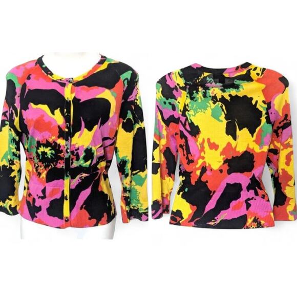 SoCa by St. John Sweaters - St John SoCa Abstract Floral Wool Silk Cashmere Cardigan Black Pink Yellow sz S